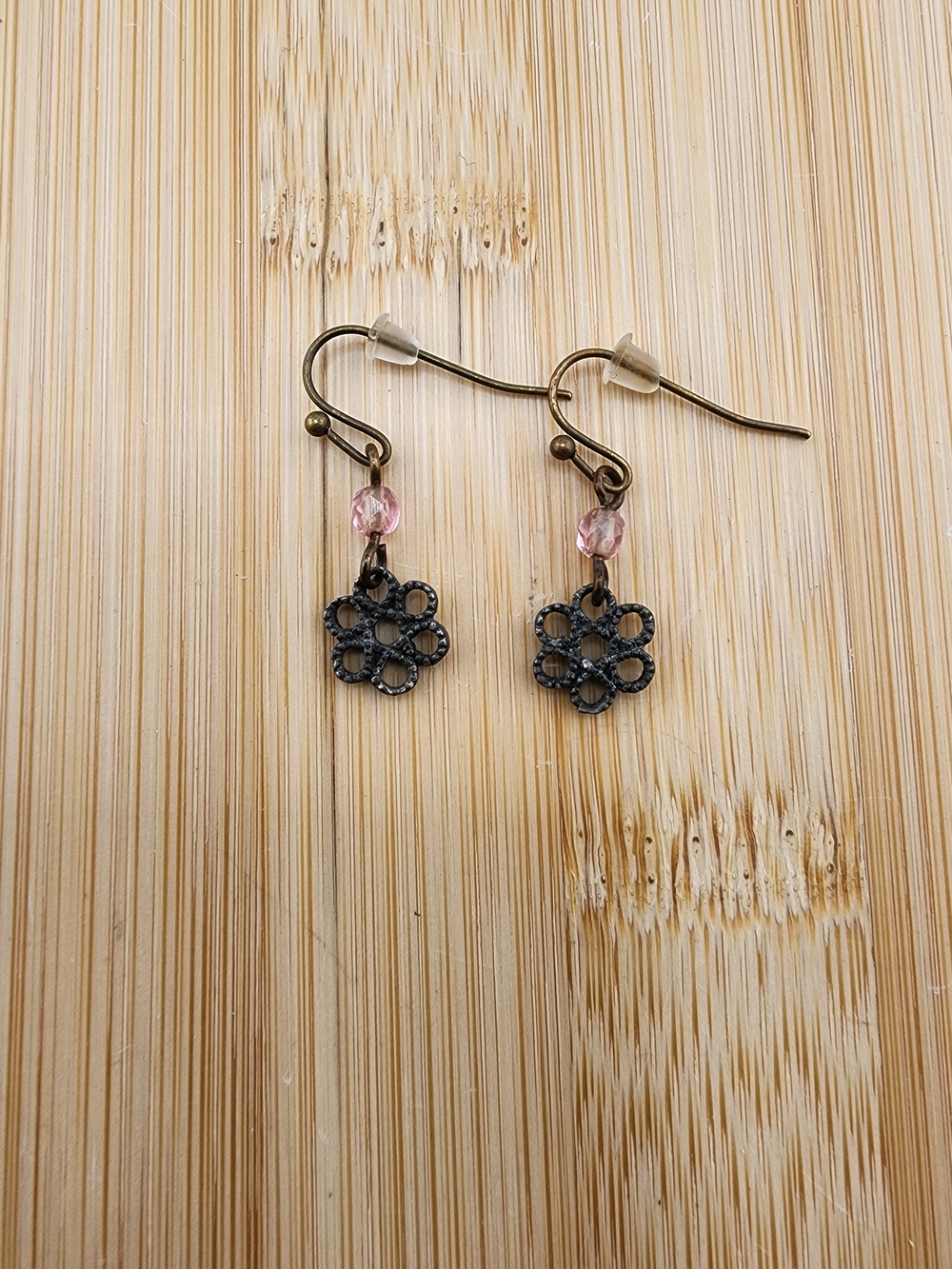 Source Unknown Pink Crystal & Black Floral Drop Earrings
